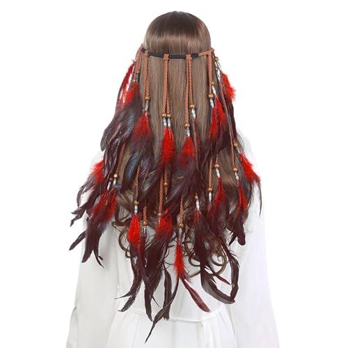 MNRIUOCII Fascia per capelli con piume indiane: boho arcobaleno nappa hippie copricapo tribale, per feste, copricapo per donne e ragazze
