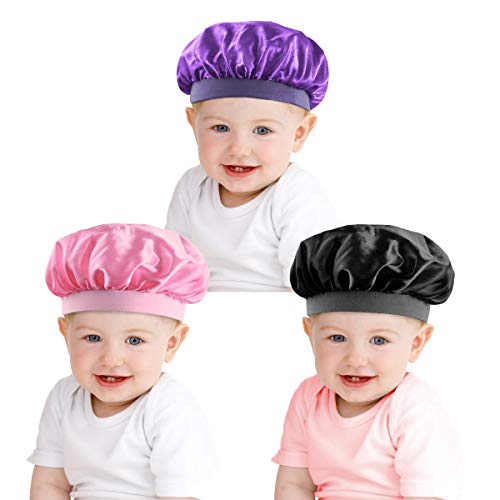 Petyoung Confezione da 3 Bambini Berretto da Notte in Raso Berretto da Notte Cappello Elastico a Fascia Larga per Bambini Bambino Bambino Capelli Ricci Naturali