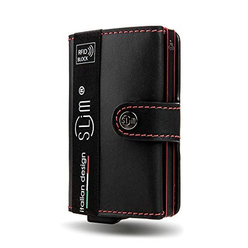 SLim Porta Carte di Credito Schermato Portafoglio Uomo Rfid Portatessere Anticlonazione Donna Portacarte Uomo (Nero Cuciture Rosse, Senza Zip)