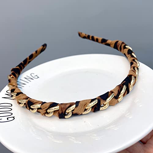 Generic New Leopard Print Tessuto Chiffon Cerchio per capelli Catena d'oro Avvolto Wave Nod Hoop Shop Fine Accessori per capelli Donna, Catena scura