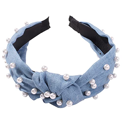 Antique Personalizzato versatile ampio denim Hairband moda imitazione perla capelli cerchio (azzurro)