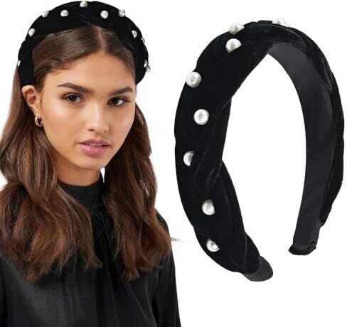 CAREDGO Cerchietto Capelli Donna Elegante Cerchietto Nero Velluto Accessori per Capelli Antiscivolo Moda Cerchietto per Capelli Cerchietto Bombato con Perla per Donna e Ragazze，16.5 * 15CM