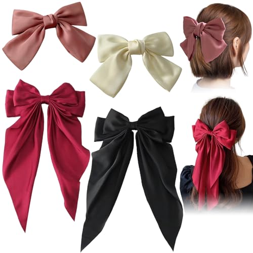 DKDDSSS 4 Pezzi Fermagli Per Capelli Da Donna, Accessori Per Capelli Con Fiocco Grande, Raso Capelli Clip Per Donne Fermagli Per Capelli Per Ragazze (Nero, Beige Rosa, Rosso)