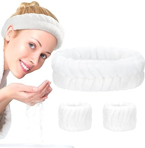 HOLEMZ Fascia Lavaggio Viso Capelli Set Fascia Elastica Braccialetti Traspirante Microfibra Assorbire Dell'acqua Bianco per Spa Trucco Da Donna Ragazze Cura Della Pelle Yoga