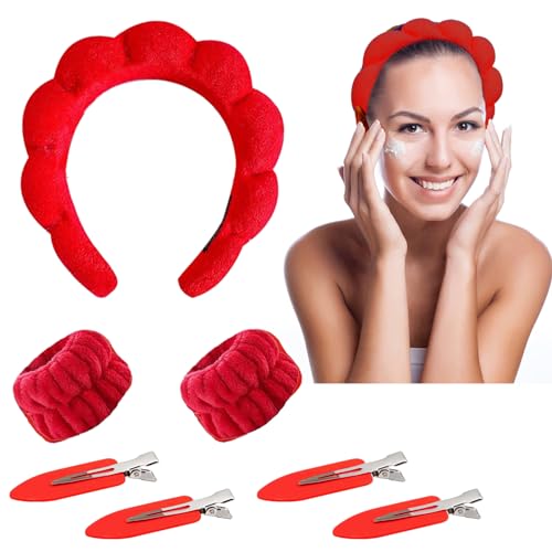 Yeria 1 Fascia Capelli Donna,Cerchietto Capelli in Spugna Trucchi Donna,2 Polsino in Pile Fascia del Polso,Accessori per Capelli per cura Della Pelle, il Lavaggio e la Doccia,Con 4 Fermagli Capelli (rosso)