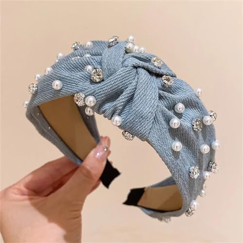 Generic Fascia Per Capelli Annodata In Denim Blu Largo Alla Moda, Perle Da Donna, Fascia Per Capelli Con Strass, Accessori Per Capelli Vintage