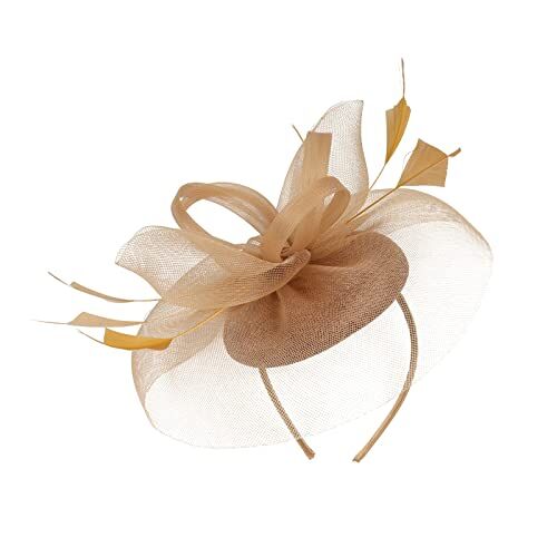 Yinguo Fascia per capelli in metallo 2023 Fascinator Hat Flower Feather Mesh Tea Party Hairband per donne (b-Gold, taglia unica)