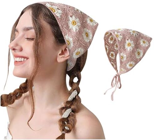 Generic Fasce per capelli da donna in maglia foulard bianco margherita copricapo bandana per capelli vintage hippie fascia cravatta testa fazzoletto boho accessori per capelli lunghi