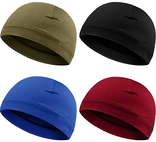 Syhood 4 Berretti Uomo Cappello da Notte in Cotone Morbido Fodera Casco Elastica (Verde, Blu, Rosso Vino, Nero, Solido)