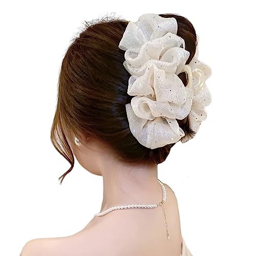 Peticehi Bow Bubble Clips, Chiffon Silk Hair Clips, Elegant Hair Styling Accessories for Women Girls Large Claw Clips for Thick Hair (White-#2)