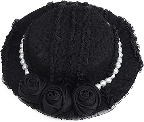 Generic Mini cappello a cilindro in stile gotico per feste in chiesa e tè con rose nere magiche, fermaglio per capelli con perline, per donne e ragazze