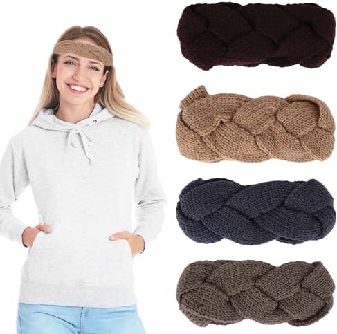 Larfraecy Set di 4 fasce per capelli lavorate a maglia per tenere al caldo le orecchie,Fascia invernale da donna lavorata a maglia per Donna (Caffè+Cammello+Khaki+Grigio scuro)