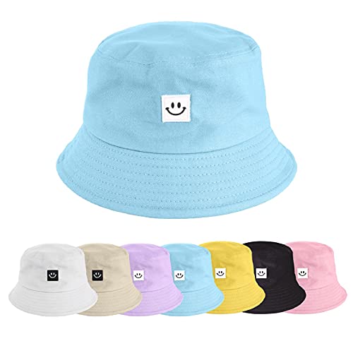 UMIPUBO Cappello Pescatore Pieghevole Bucket Hat Cotone Donna Uomo, Protezione del Sole Cappelli Faccia Sorridente Cappellino 56-58cm (Smile Blue)