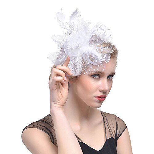 Anmain Piume Fascia Capelli Donna Fiore Fasce Capelli Mesh Fascia Capelli Cocktail Headwrap Headwear Cerimonia Festa Fermagli Mollette Capelli Copricapo Vintage Headband Accessori (bianco)