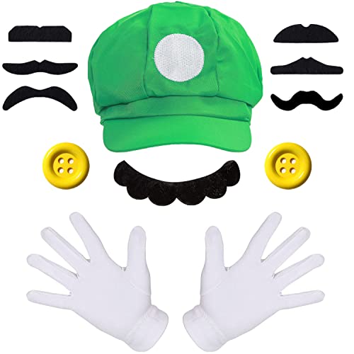 iZoeL Mario Luigi Cappello, 1 Cappello 7 Baffi Finti 1 Guanti 2 Bottoni Decorazione, per Costume Carnevale Cosplay Costume Halloween Uomo Donna Bambino