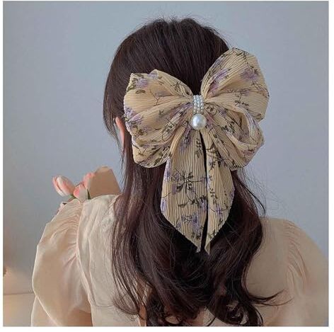 W WEILIRIAN Boho Floral Bow Pange Capelli Grandi Fiore Fiocco Capelli di Raso di Seta Clip Fiore Bowknot Forcina Capelli Copricapo Perla Arco Capelli Barrette Signora Gioielli per Ragazze Regali (Giallo)