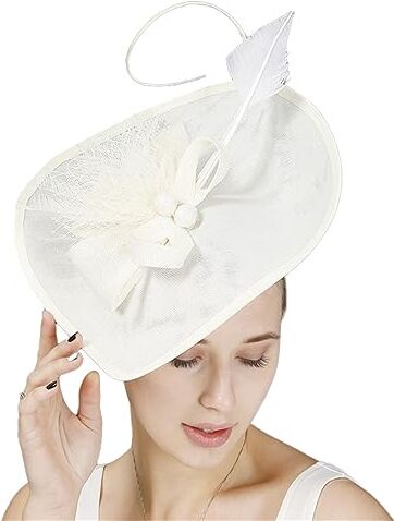 GIBZ Fascinator per Capelli Tesa Larga da Donna Elegante Fascia Tea Party Cappello con Copricapo da Sposa in Piuma a Rete, Beige