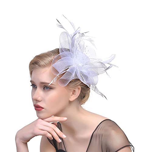 Generic Fascinators Cappello a cilindro per matrimonio con Alice con fiore in rete, per capelli, copricapo, piuma, fascia per capelli con piume (bianco)