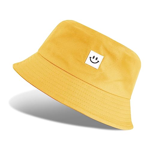 UMIPUBO Cappello Pescatore Pieghevole Bucket Hat Cotone Donna Uomo, Protezione del Sole Cappelli Faccia Sorridente Cappellino 56-58cm (Smile Giallo 02)