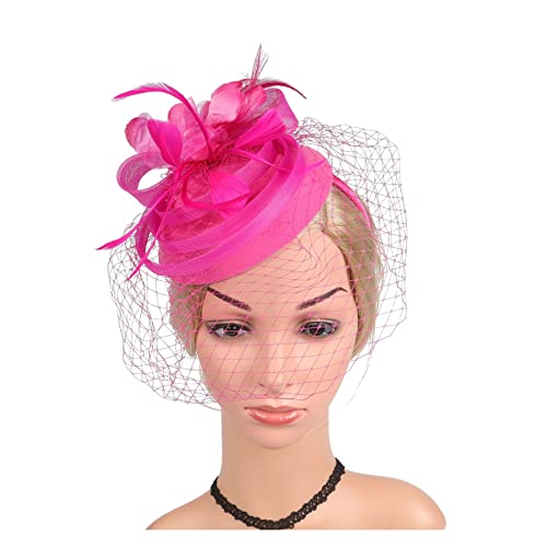 MAYNUO Cappello da donna fatto a mano con piuma floreale for capelli Fascinator, accessori for fascia derby, copricapo da cocktail da sposa (Color : Rose red, Size : 1)
