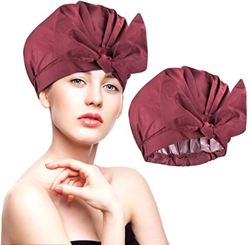 Naapesi Cuffia da Doccia Impermeabile, Cuffia da Bagno Riutilizzabile, Cappello da Notte in Raso, Cuffia per Capelli in Seta, Cuffia Doppio Strato per Donna, Spa, Salon, Viaggio, Cucina (Rosso vino)