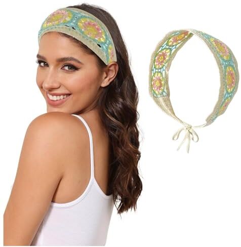 Generic Fasce per capelli da donna, fascia hippy, bandana, fermatenda, fascia in maglia per ragazze, fasce larghe, bandana all'uncinetto floreale GkS241 (blu chiaro, taglia unica)