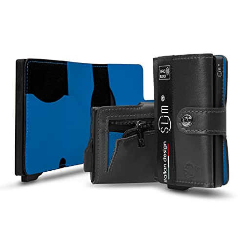 SLim Porta Carte di Credito Schermato Portafoglio Uomo Rfid Portatessere Anticlonazione Donna Portacarte Uomo (Nero e Blu, Con Zip)