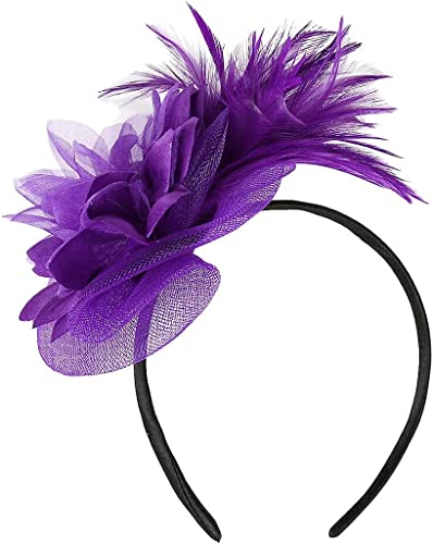 YPOSPDD maglia Fascinators Hat Tea Party Copricapo Nastri Piume su una fascia e una clip White Tea Pink Headband (Color : Purple_One Size)
