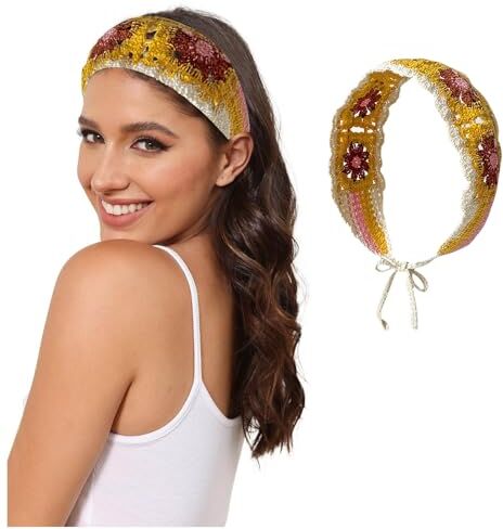 Generic Fasce per capelli da donna in maglia foulard bianco margherita copricapo bandana per capelli vintage hippie fascia cravatta testa fazzoletto boho accessori per capelli lunghi