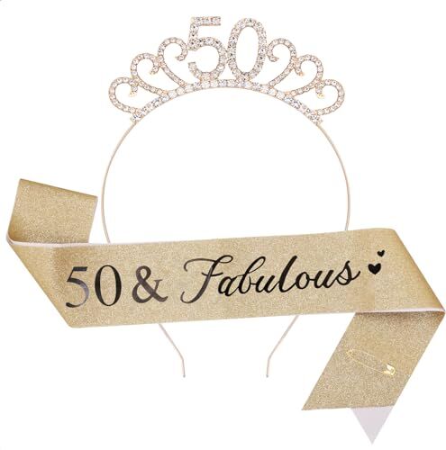 TOPWAYS 30 Anni Compleanno Donna Decorazioni Corona Sciarpa Set, 30 Anni Fabulous Sash e Strass Coroncina Compleanno per Decorazioni Festa di Compleanno 30 anni Ragazza Donna (50 Fabulous, Oro)