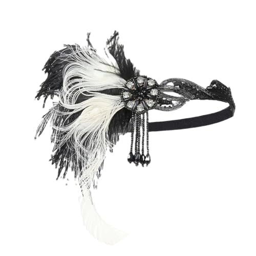 Pohullan 1920S Flapper Feather fascia perline Showgirl copricapo piuma di pavone elastico fascia per capelli bianco e nero