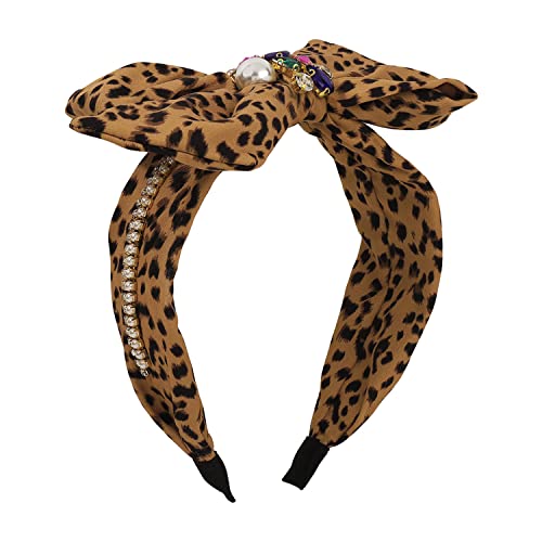 Antique Personalizzato leopardo modello arco capelli cerchio tessuto perla strass vintage Hairband per donne ragazze (giallo)
