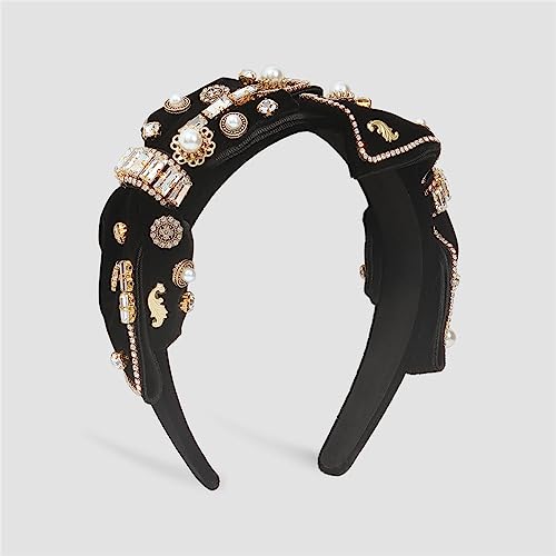 Youllyuu Moda strass fiore perla fascia ampia lato superiore nodo solido fascia per capelli turbante accessori per capelli per le donne nero 3