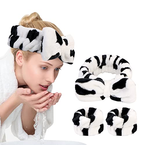 UNIMEIX 3 Pack  and Wrist Washband Face Wash Set,Reusable Soft Makeup Headband Fleece Skincare Headband for Washing Face Shower (Narrow Cow)