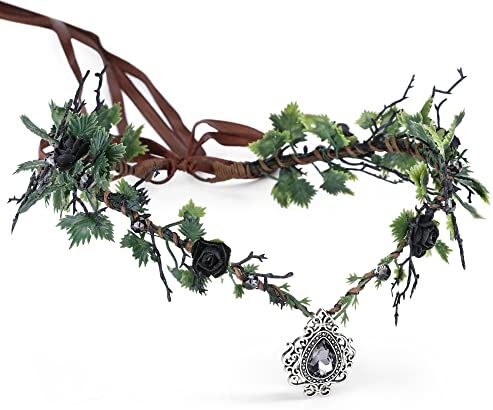 MOSTORY Cerchietto per capelli nero con fata floreale con cristalli, corona di elfo con foglie del bosco, diadema per donne e ragazze, per Halloween, cosplay, feste di compleanno, festival