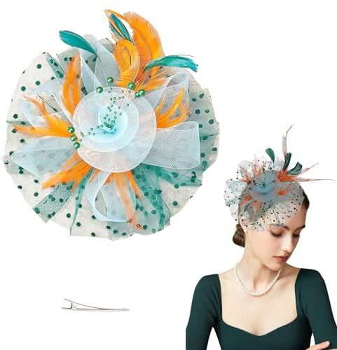 INIFLM Fascinator Cappello Fiore Nastri a Rete Piume su Una Fascia, Fascinator da Donna Copricapo da Sposa con Velo Decorazione Vintage, Accessori per Capelli Floreali per Ragazze e Donne(Verde blu)