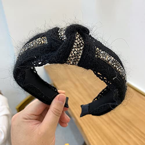 Generic Cerchietto in lana retrò con rete da trapano, rosso, autunno e inverno, fascia per capelli di coniglio, lato largo, antiscivolo, forcina per capelli corti, accessori per capelli in peluche, nero