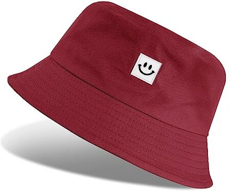 UMIPUBO Cappello Pescatore Pieghevole Bucket Hat Cotone Donna Uomo, Protezione del Sole Cappelli Faccia Sorridente Cappellino 56-58cm (Smile Rosso)