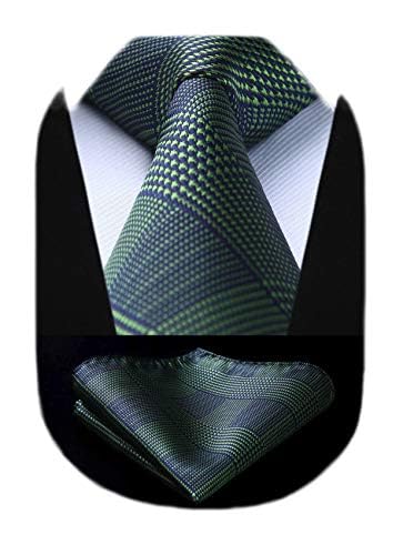 HISDERN Cravatte uomo verde da matrimonio e Fazzoletto Cravatte fantasia plaid elegante classica business cravatta set