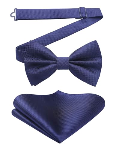 HISDERN Papillon Uomo Blu Navy e Fazzoletto con Gancio già Annodato Regolabile Cravatta a Farfalla per Adulto Pre-legati Farfallino da Smoking