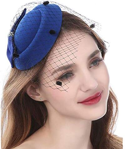 ericotry Cappello derby da donna con fiocco, per matrimoni, con clip laterale, tondo, senza tesa, con velo, per feste, per ragazze e donne (blu)