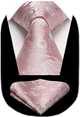 HISDERN Cravatta da sposa e fazzoletto da uomo con motivo a quadri pied de poule e cravatta da festa formale e set quadrato tascabile.., Fiore X-rosa, Taglia unica…