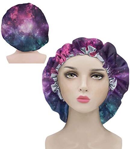 chaqlin Cappellino da donna con stampa cielo stellato, in raso, con cappuccio da doccia e doppio strato, da notte