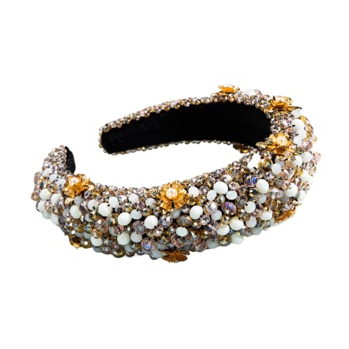 Antique Fiore perle cerchietto ispessito spugna oro velluto tessuto puro fatto a mano perline colorate capelli cerchio per le donne ragazze (caffè)