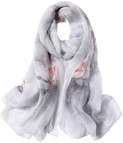 STORY OF SHANGHAI Sciarpa di 100% Seta da Donna Foulard Chiffon con Fantasie Orientale Semi-Trasparente, Lotus su Bianco