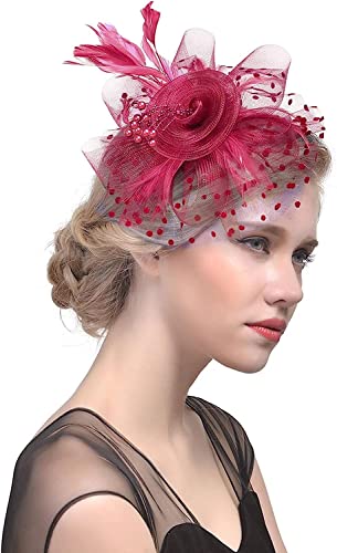 QUNINE Cappello Fascinator in rete per donna Fiore Maglia Piume Fermaglio per capelli Tea Party Matrimonio Cocktail Festa di nozze Cappello verde Fascia per capelli (Colore : Beige, Taglia : Taglia unica)