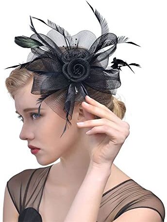 Generic Fascinators Cappello a cilindro per matrimonio con Alice con fiore in rete, per capelli, con piume e fiori, colore: nero