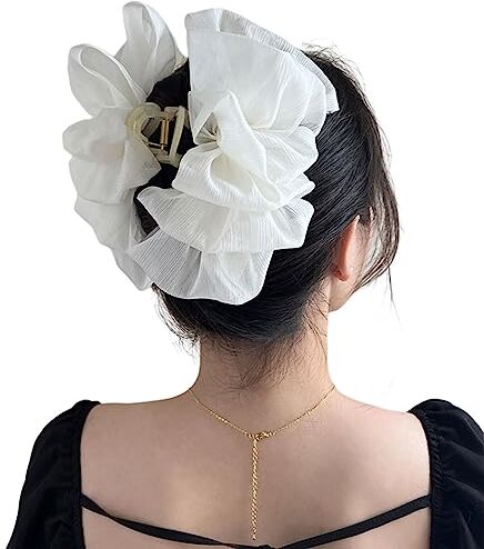 Peticehi Bow Bubble Clips, Chiffon Silk Hair Clips, Elegant Hair Styling Accessories for Women Girls Large Claw Clips for Thick Hair (White-#1)