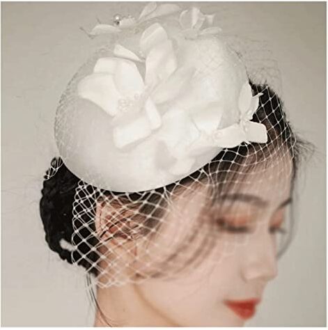 GaRcan Cappello in raso con velo Copricapo da sposa bianco Cappello da donna in pizzo floreale Decorazione per capelli da sposa Fiori