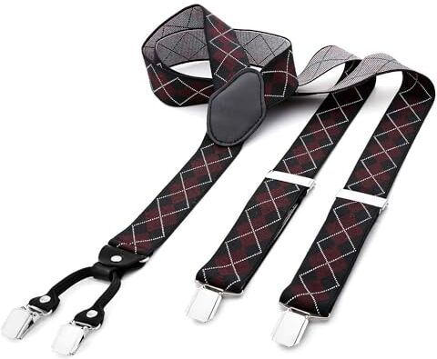 DonDon Bretelle uomo larghe 3,5 cm 4 clips in pelle a y elastiche e regolabili, a quadrati neri rossi e bianchi